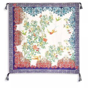 Johnny Was Lace Scarf Silk Square Large Green Flowers Blue Tassels Scarves New